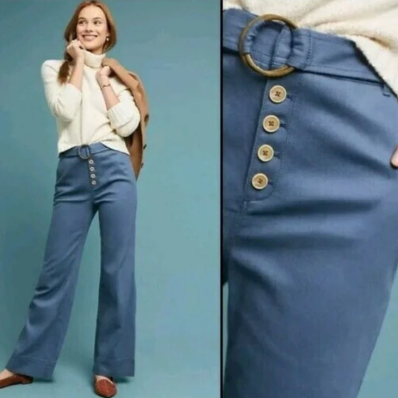 Anthropologie Pants - Anthropologie Cassidy Blue Belted Trousers Wide Leg Retro Pants